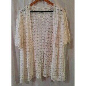 C J Banks Womens 2X Shortsleeeve Open Knit Open Front Cardigan White